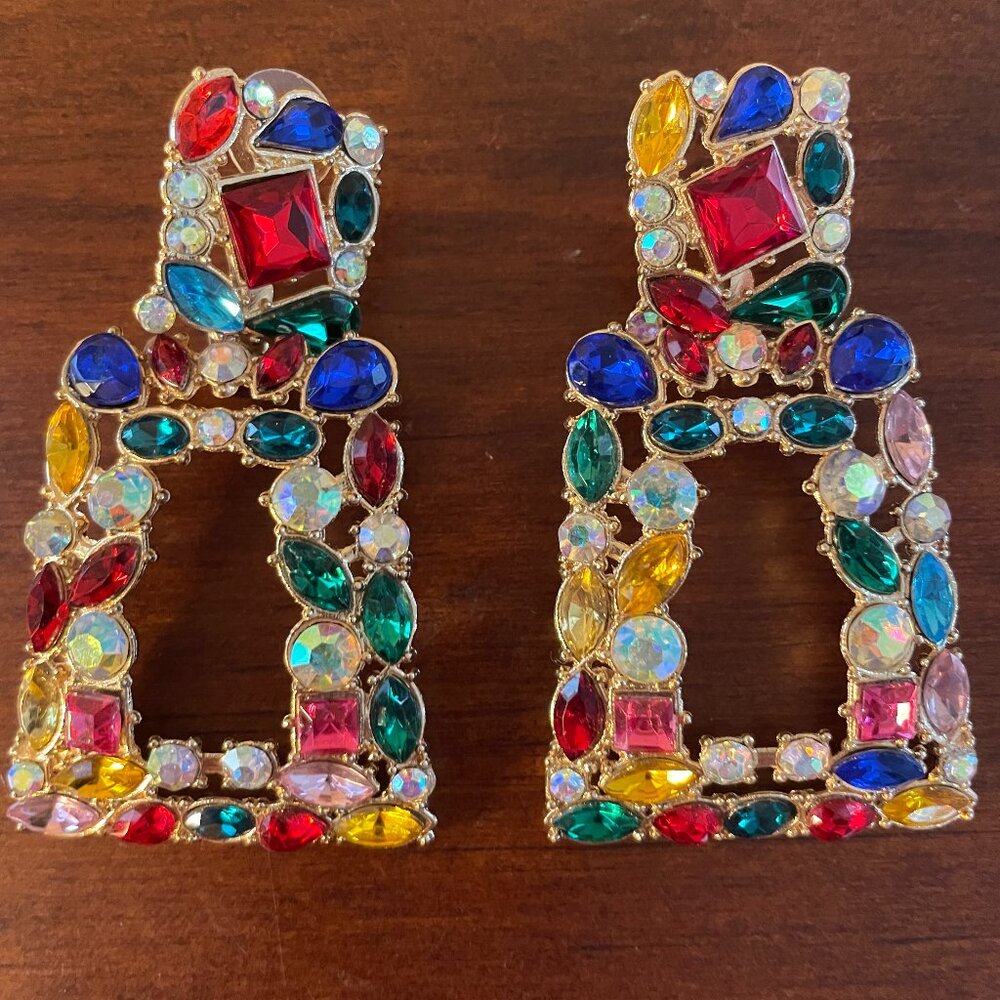 Colorful Statement Square Rhinestone Earrings - image 1